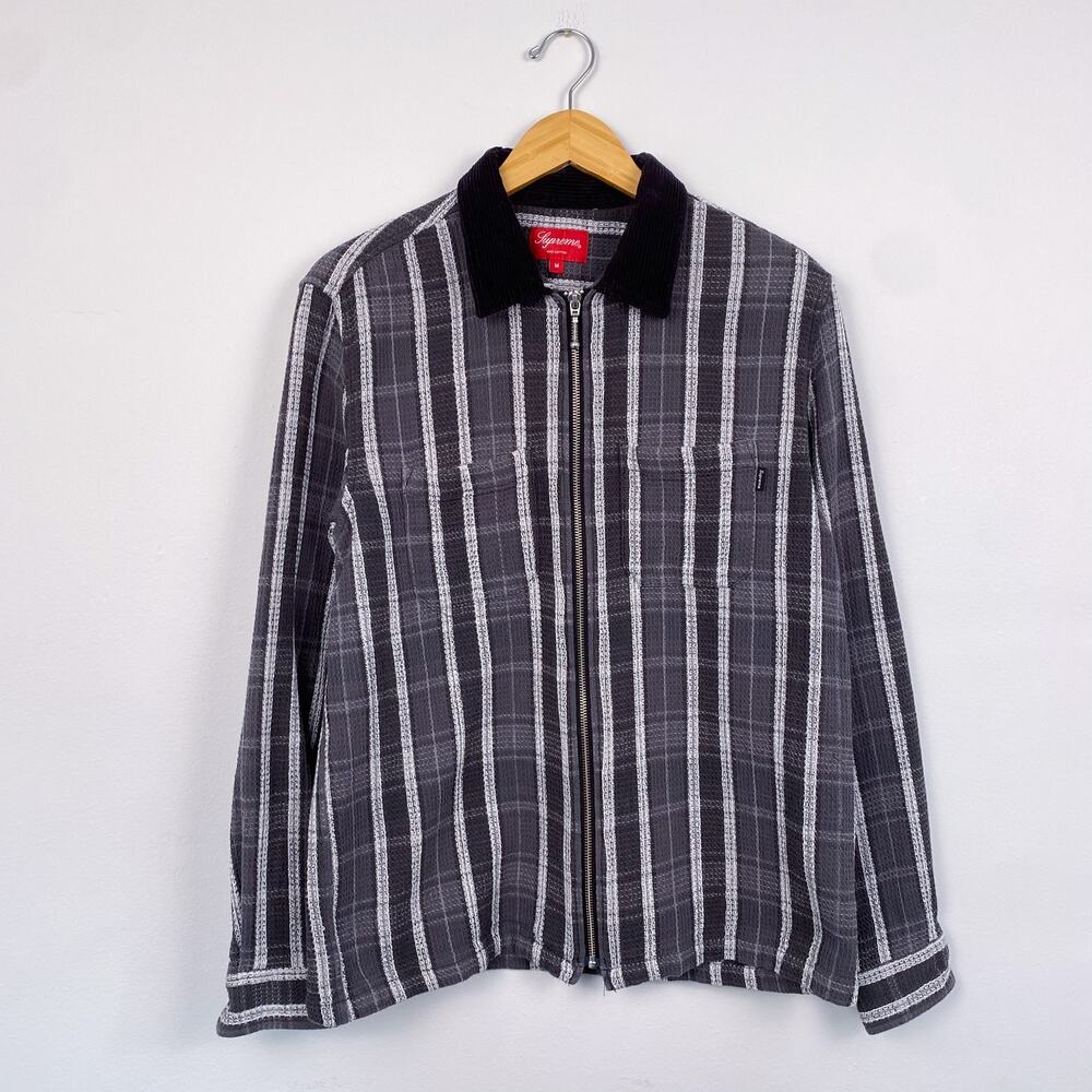 Supreme Men's Cotton Plaid Thermal Zip Up Shirt Black Medium
